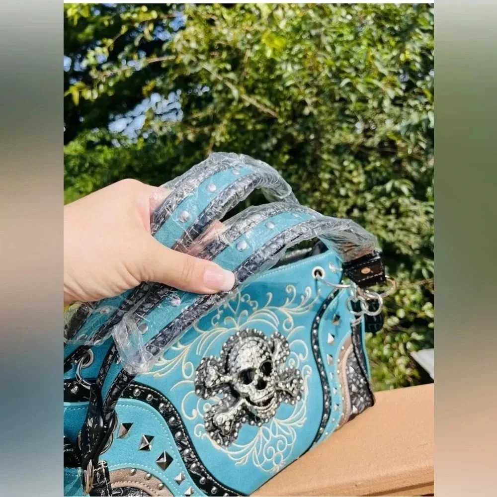Turquoise Rhinestone Skull Concealed Carry Handbag and Wallet Set Handmade NWT - Picture 5 of 14